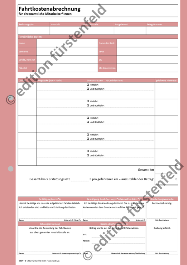 Formular Fahrtkostenabrechnung für Ehrenamtliche (DIN A4)